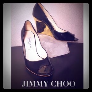 Jimmy Choo Black Patent Leather Gold Mirror Heels